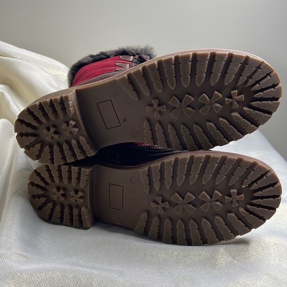 Burgundy Red Lace Up Zip Winter Boots Faux Fur Leather Suede 9 - Picture 4 of 8